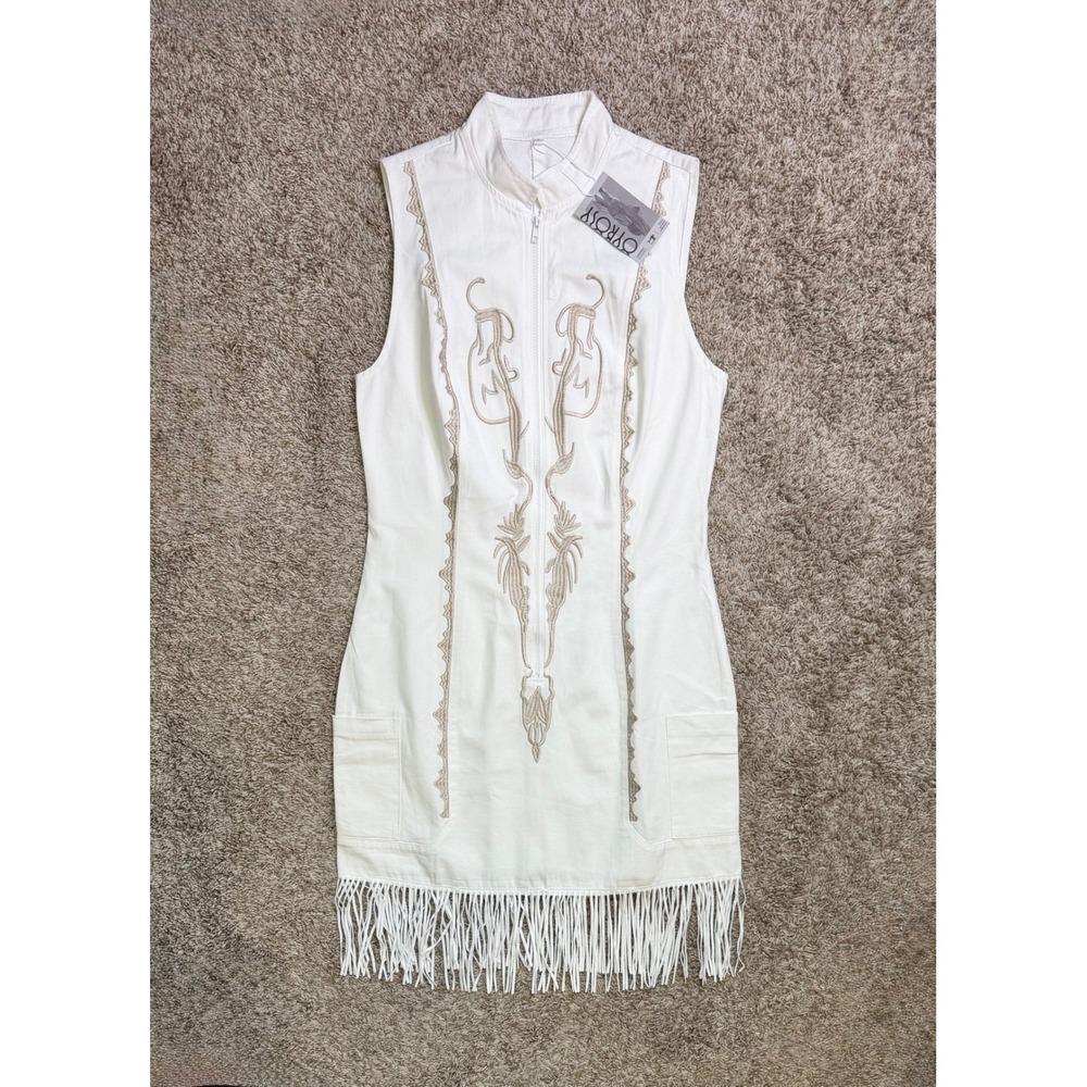 NWT OYROSY White Denim Western Fringe Mini Dress Embroidered Sleeveless Large